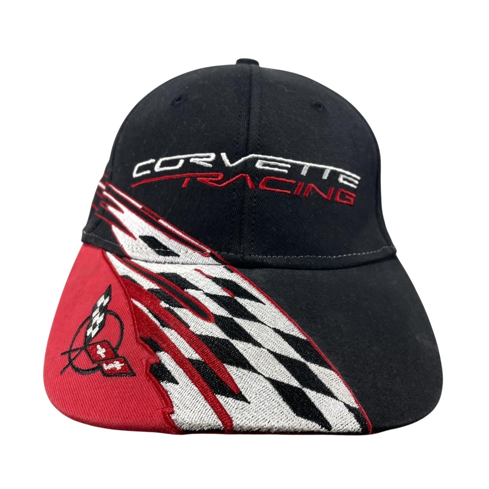 Corvette Racing Hat Cap Strap Back Mens One Size Black Red Checkered Flag Logo